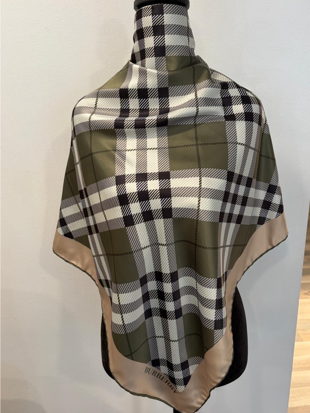 Burberry Silk Scarf Olive Green Beige Black Hand Rolled